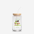 Clear glass tumbler with bamboo lid and straw featuring an illustration of two children gardening on a white background.