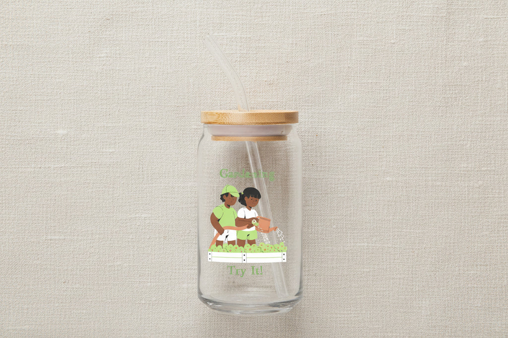Glass tumbler with a straw lid featuring an illustration of two people gardening and text on a white background.
