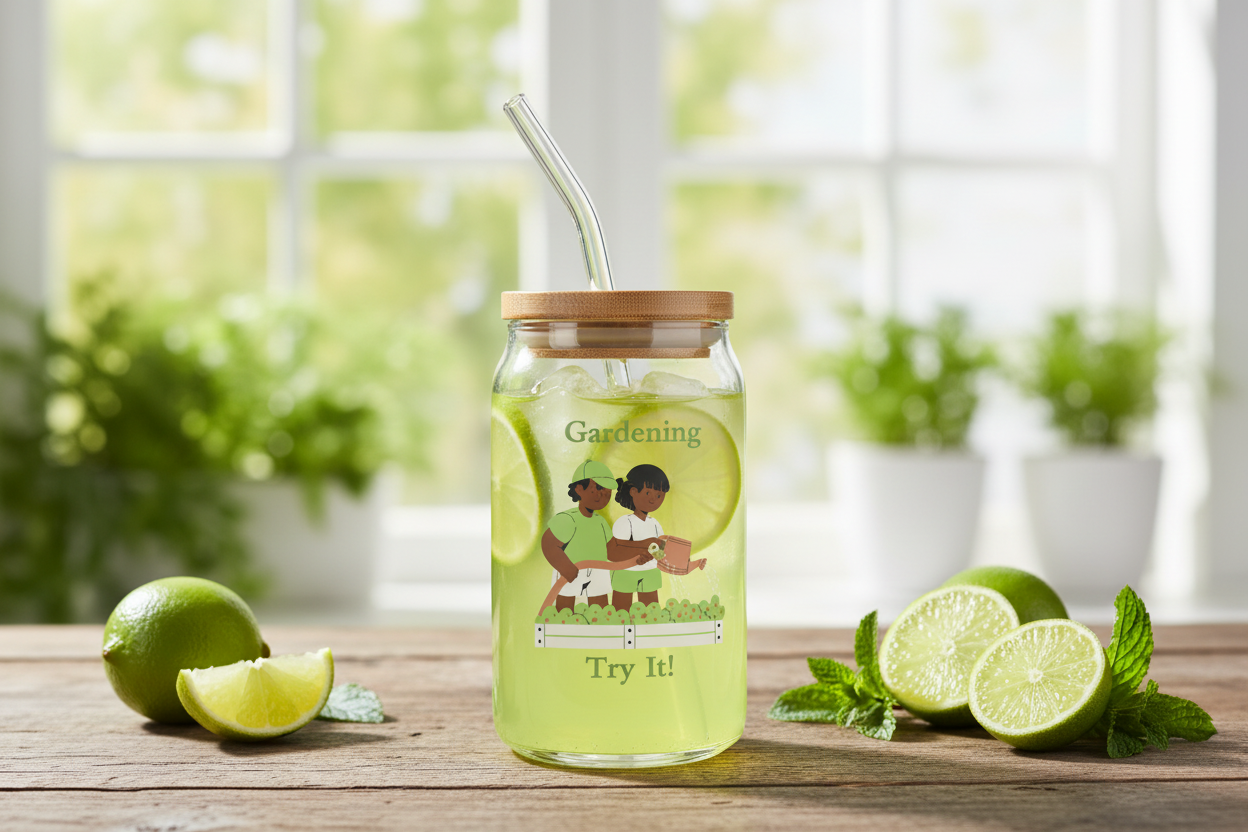 Jar with a straw lid, lime slices, and a garden-themed graphic on a wooden surface with plants in the background.