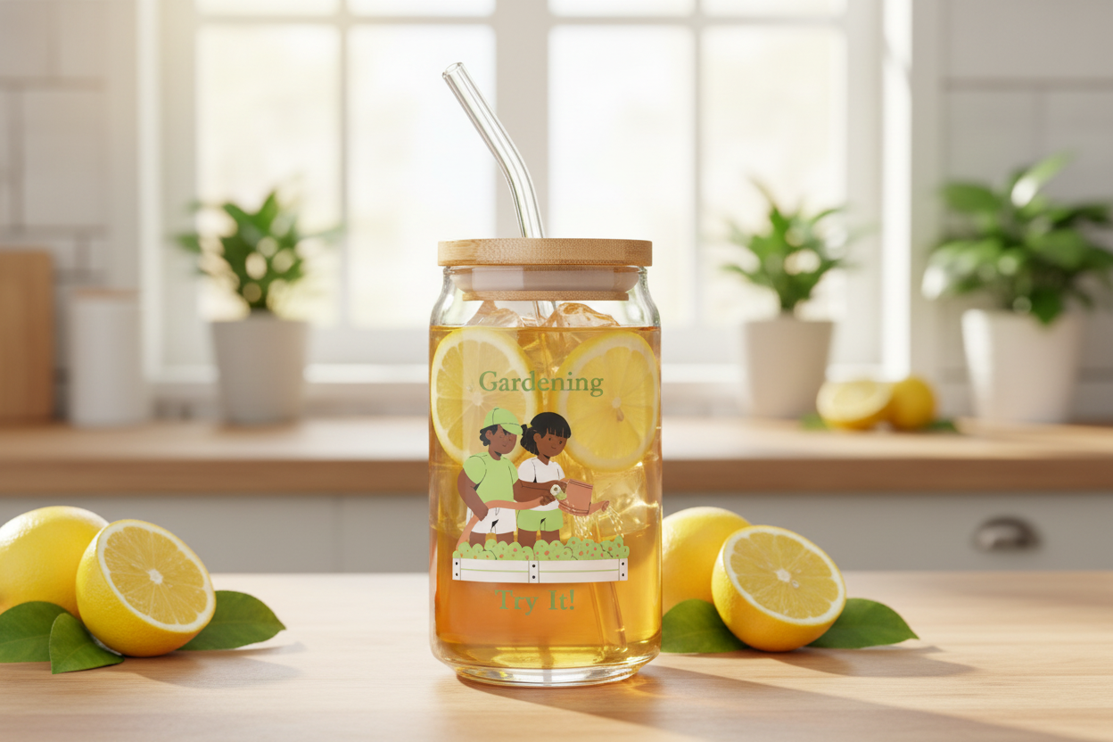 Jar of iced tea with lemon slices on a kitchen counter, featuring a 'Gardening' label.