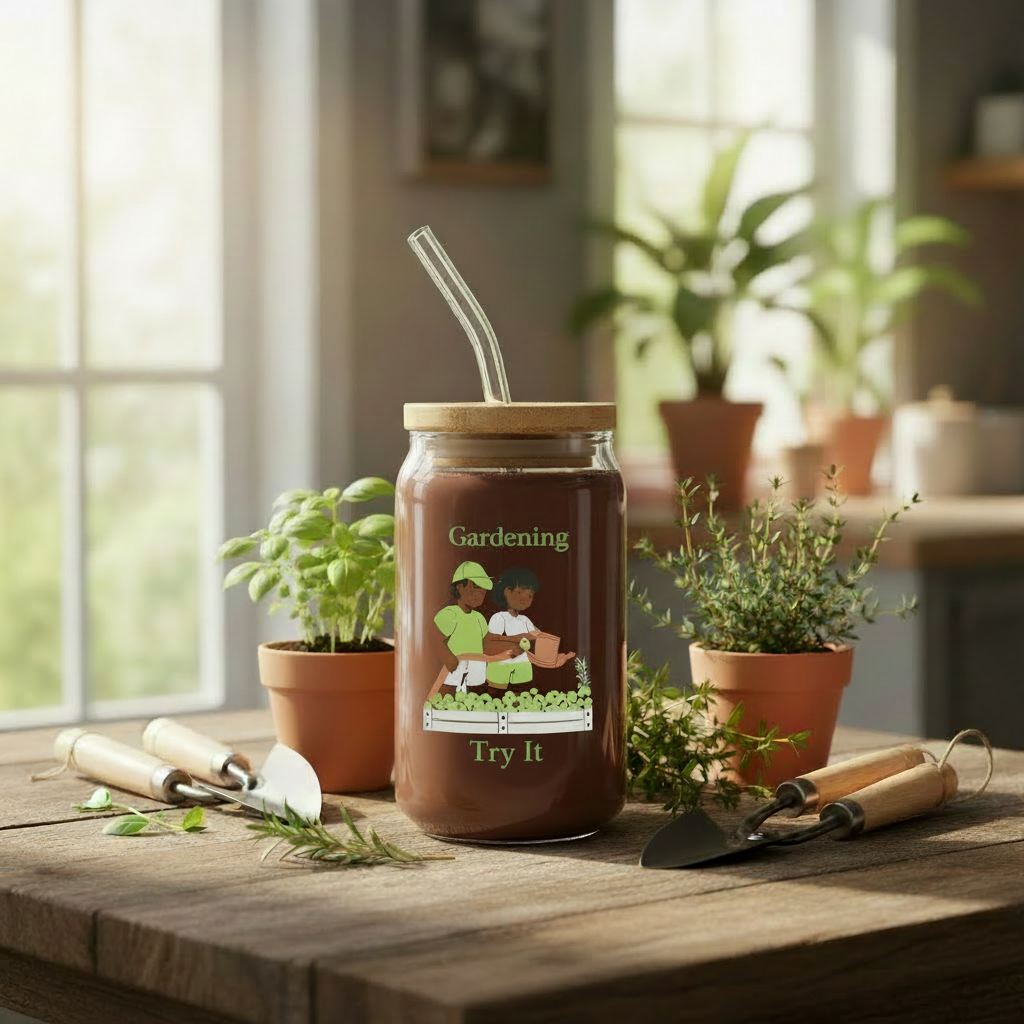 Jar with a straw lid on a table with gardening tools and plants