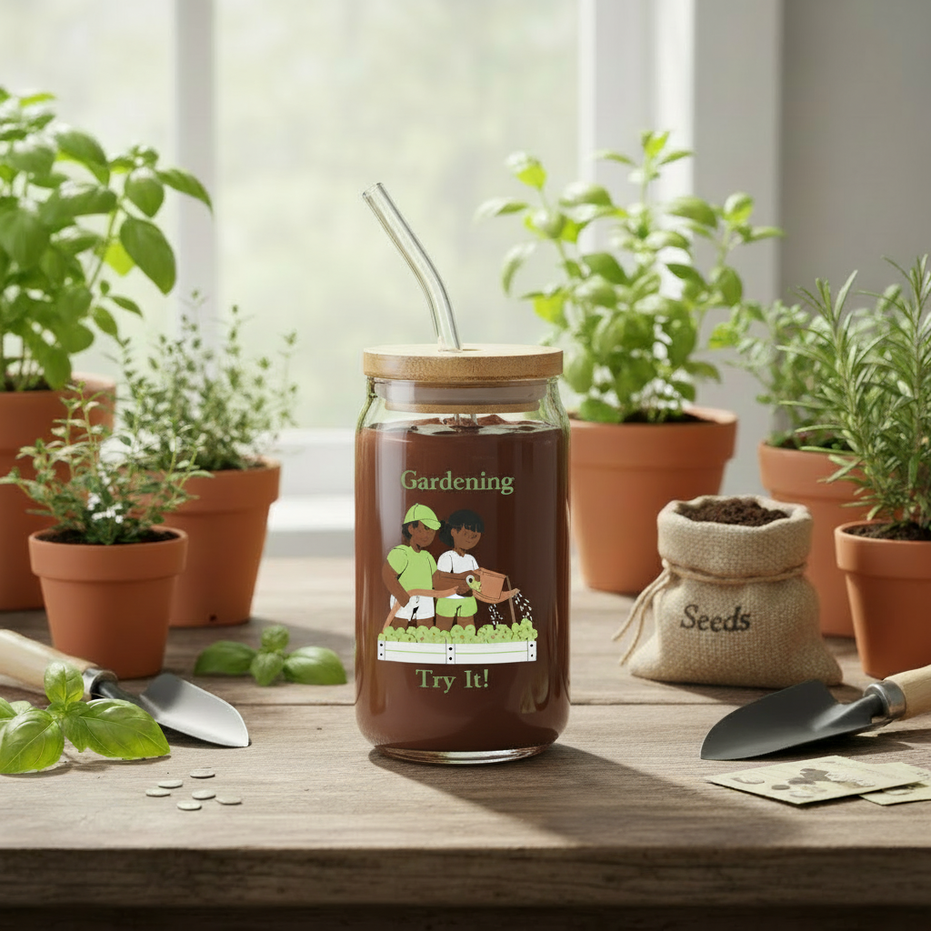Glass jar with a gardening-themed label on a table with plants and gardening tools.