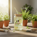 Glass tumbler with straw and lid on a wooden table with gardening tools and plants.
