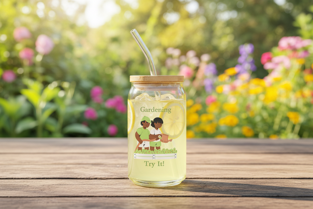Jar with a straw lid on a wooden surface with a garden background