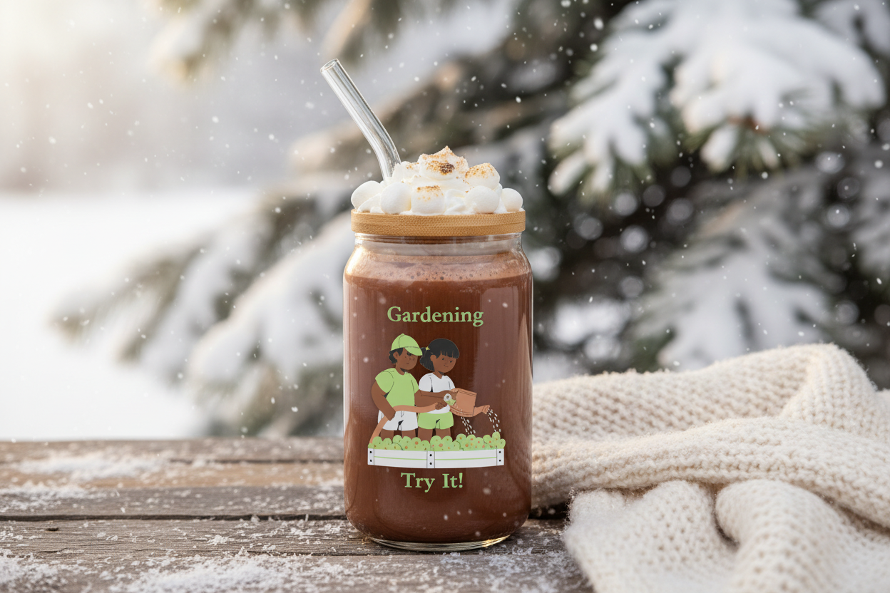 Jar of hot chocolate with whipped cream and a straw, set against a snowy background.