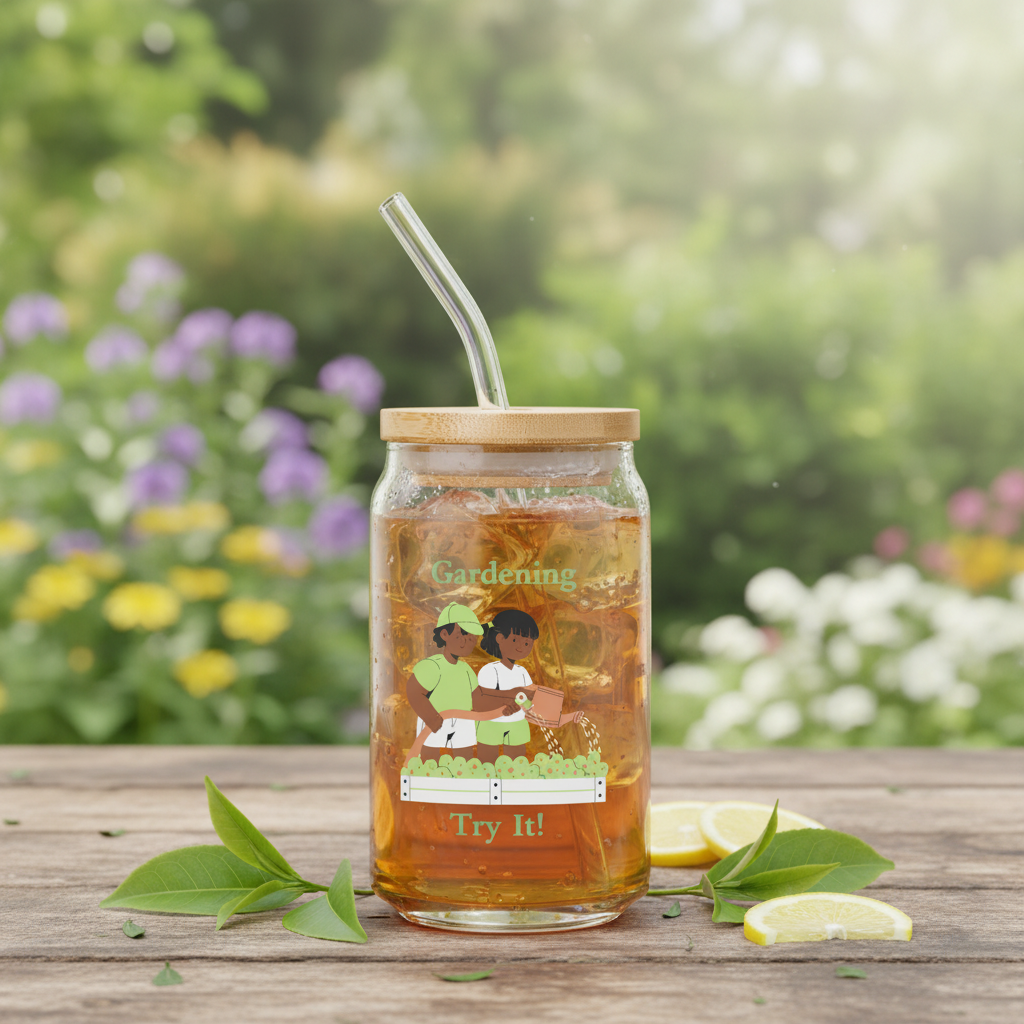 Jar with a straw lid filled with iced tea, surrounded by lemon slices and leaves on a wooden surface with a garden background.