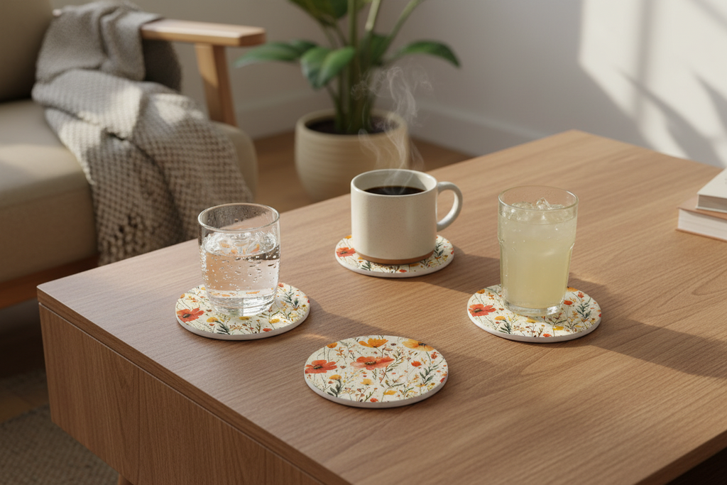 Red Floral Coaster (Round) 4PK