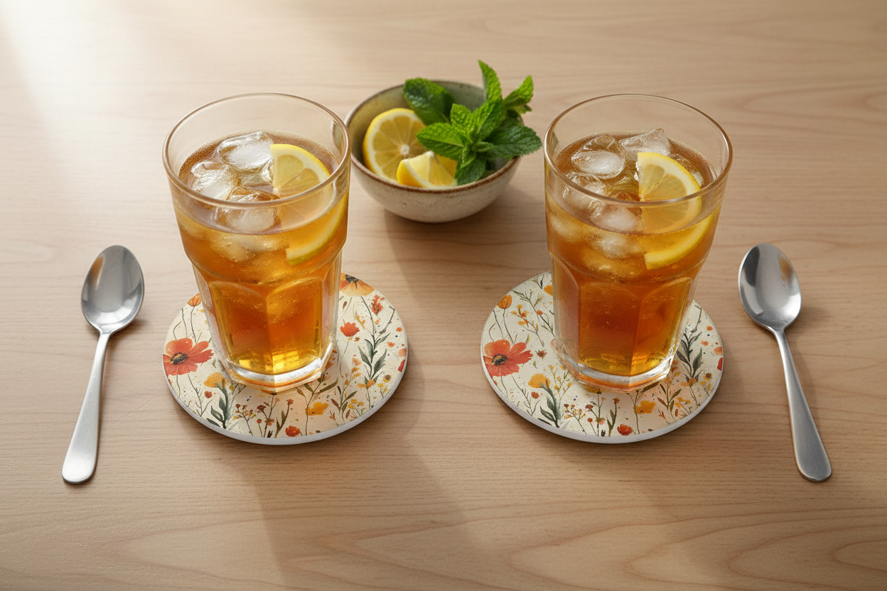 Two glasses of iced tea with lemon slices and mint leaves on a wooden table.