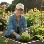Woman gardening in a flower garden wearing a cap with 'Mommy Gardener' text.
