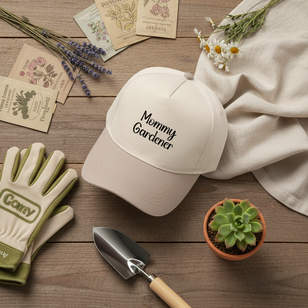 Gardening-themed items including a 'Mommy Gardener' cap, gloves, trowel, and potted plant on a wooden surface.