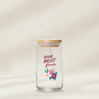 Clear glass jar with straw and wooden lid, featuring 'Mom, Best Grower' text and floral design on a white background.