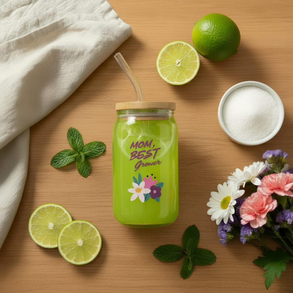 Green juice bottle with floral design on a wooden table with limes, flowers, and a towel.