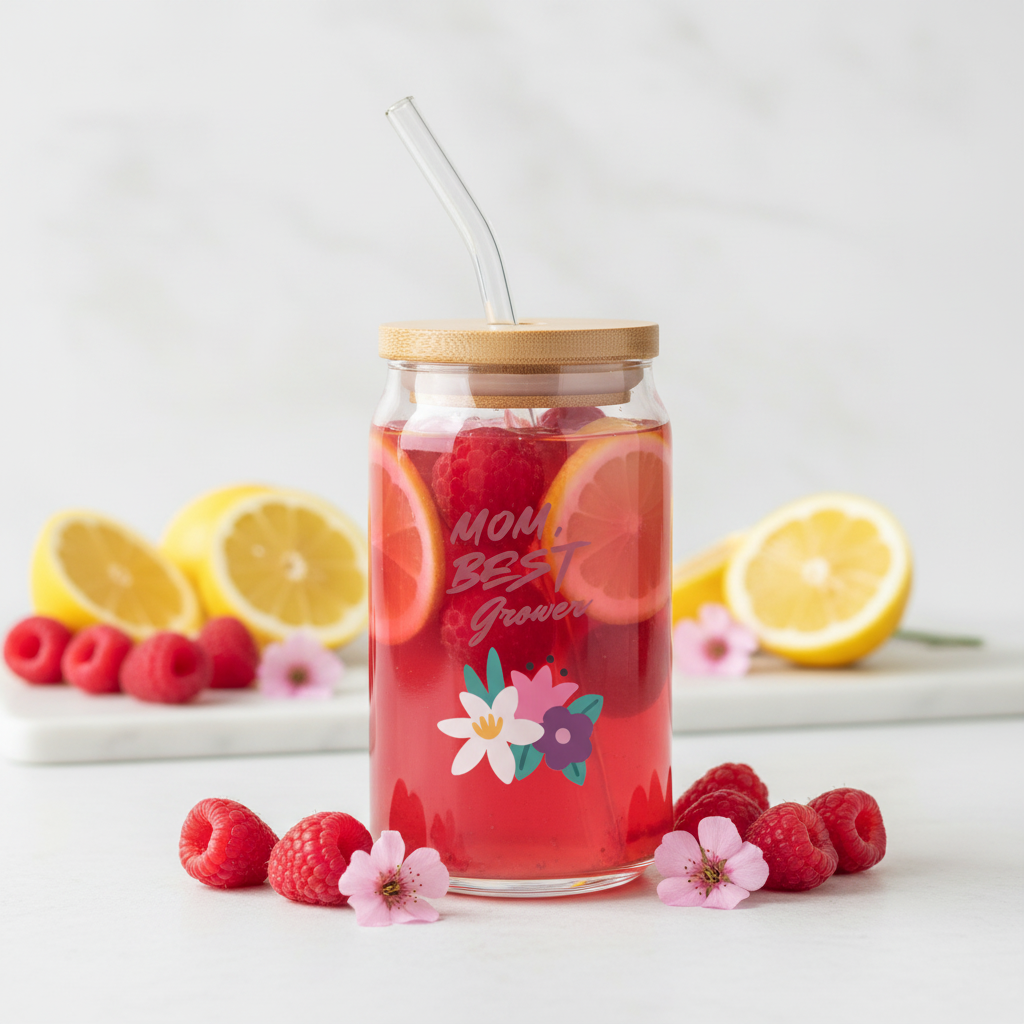 Jar of red lemonade with floral design and straw, surrounded by lemons and raspberries on a light background