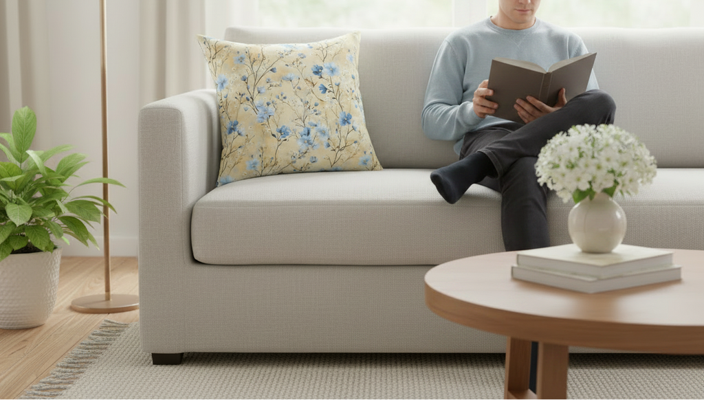 Living room with a gray sofa, floral pillow, and a small table with a vase of flowers.