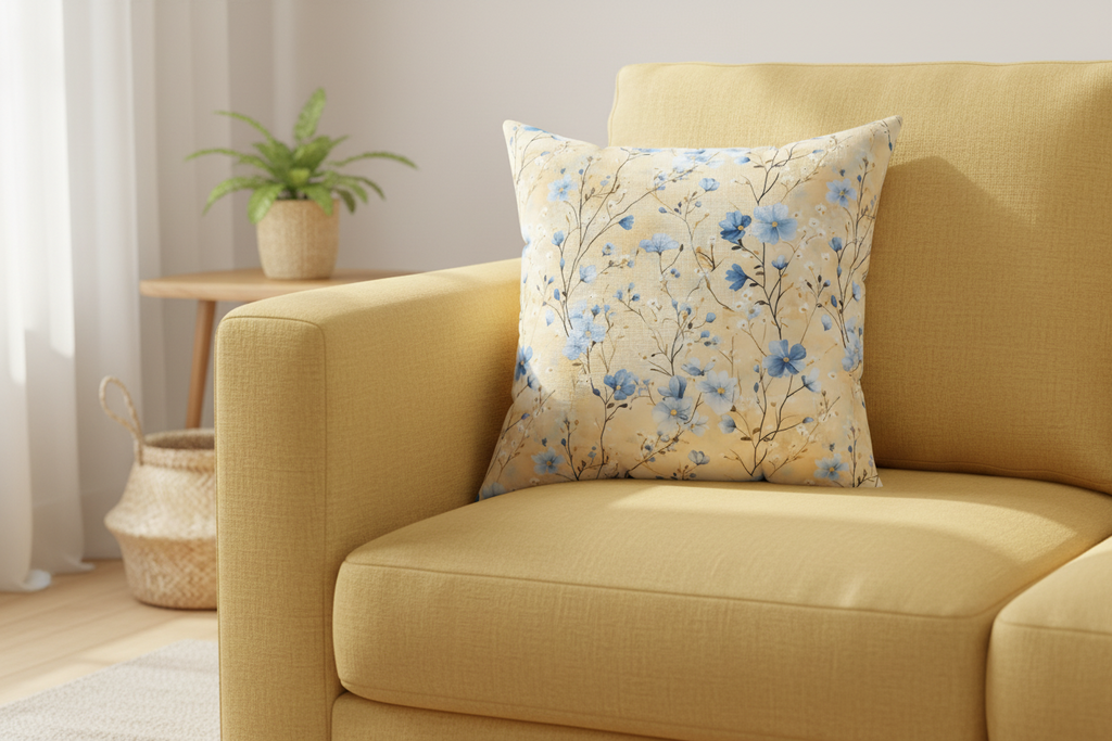 Yellow sofa with a floral-patterned pillow in a bright living room.