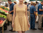 Woman in a yellow dress standing in a market with blurred people in the background
