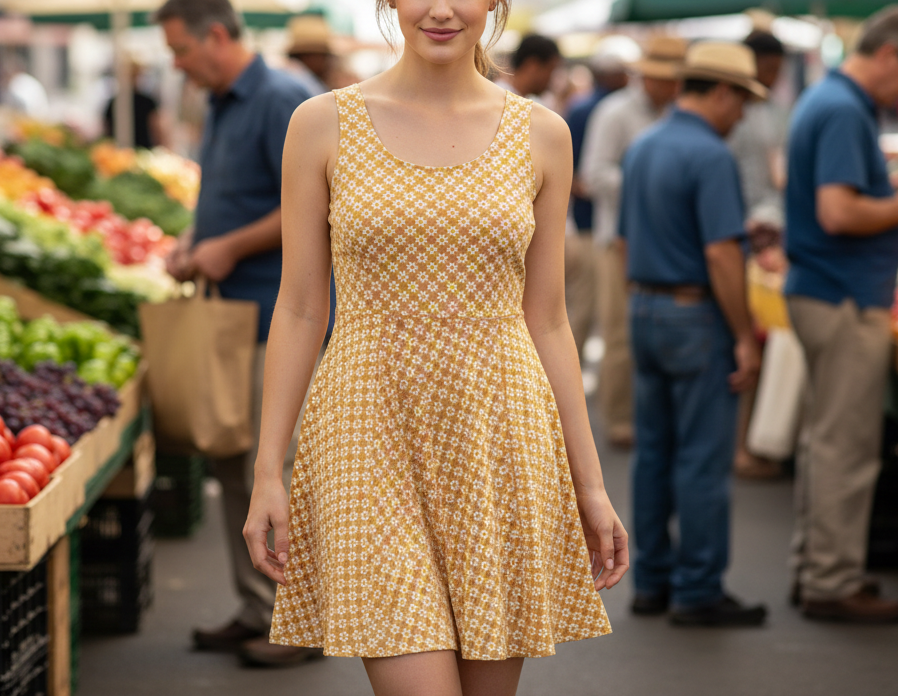 Woman in a yellow dress standing in a market with blurred people in the background