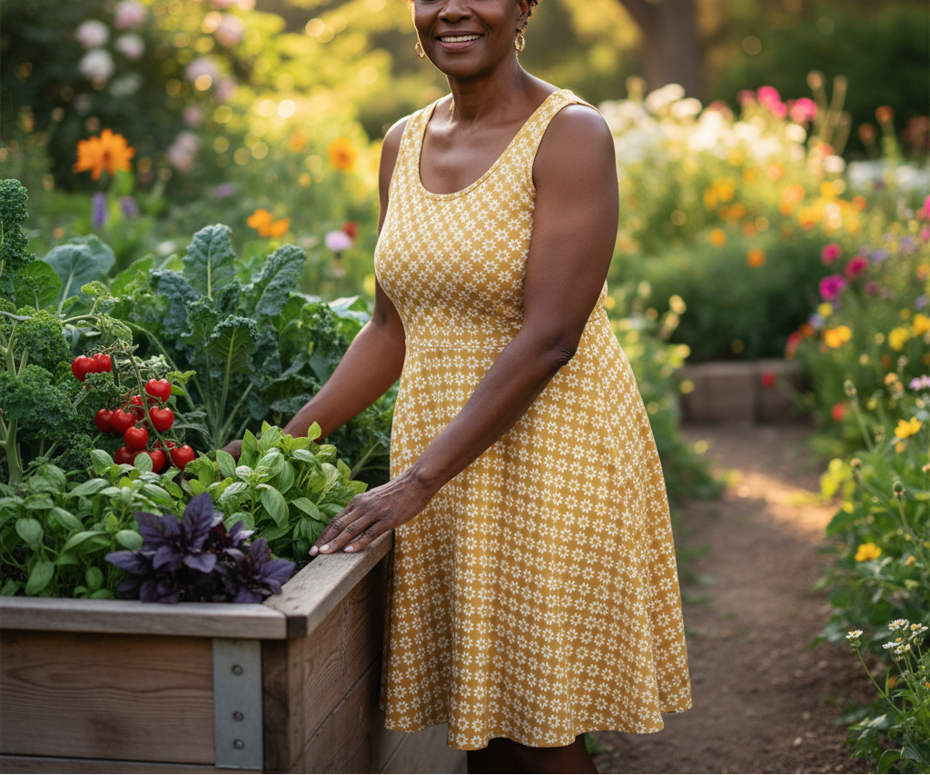 Woman in a yellow dress standing in a garden with plants and flowers.