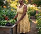Woman in a yellow dress standing in a garden with plants and flowers.