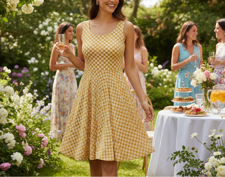 Woman in a yellow dress holding a glass of wine in a garden setting with other people and a table with food.
