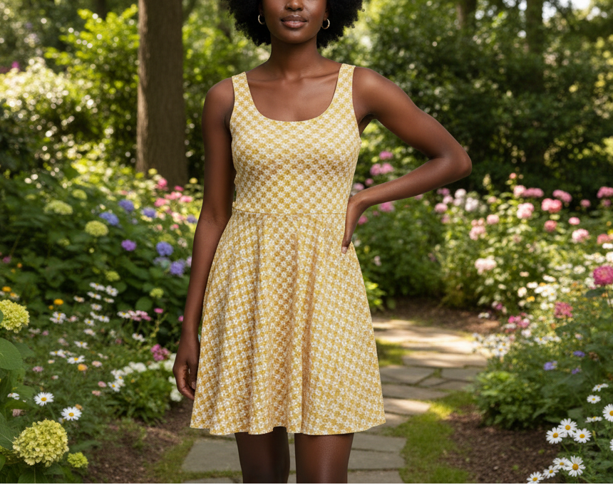 Woman in a yellow dress standing in a garden with flowers