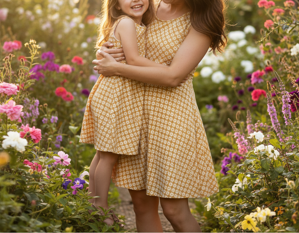 Woman and child in matching yellow dresses standing in a garden with flowers.