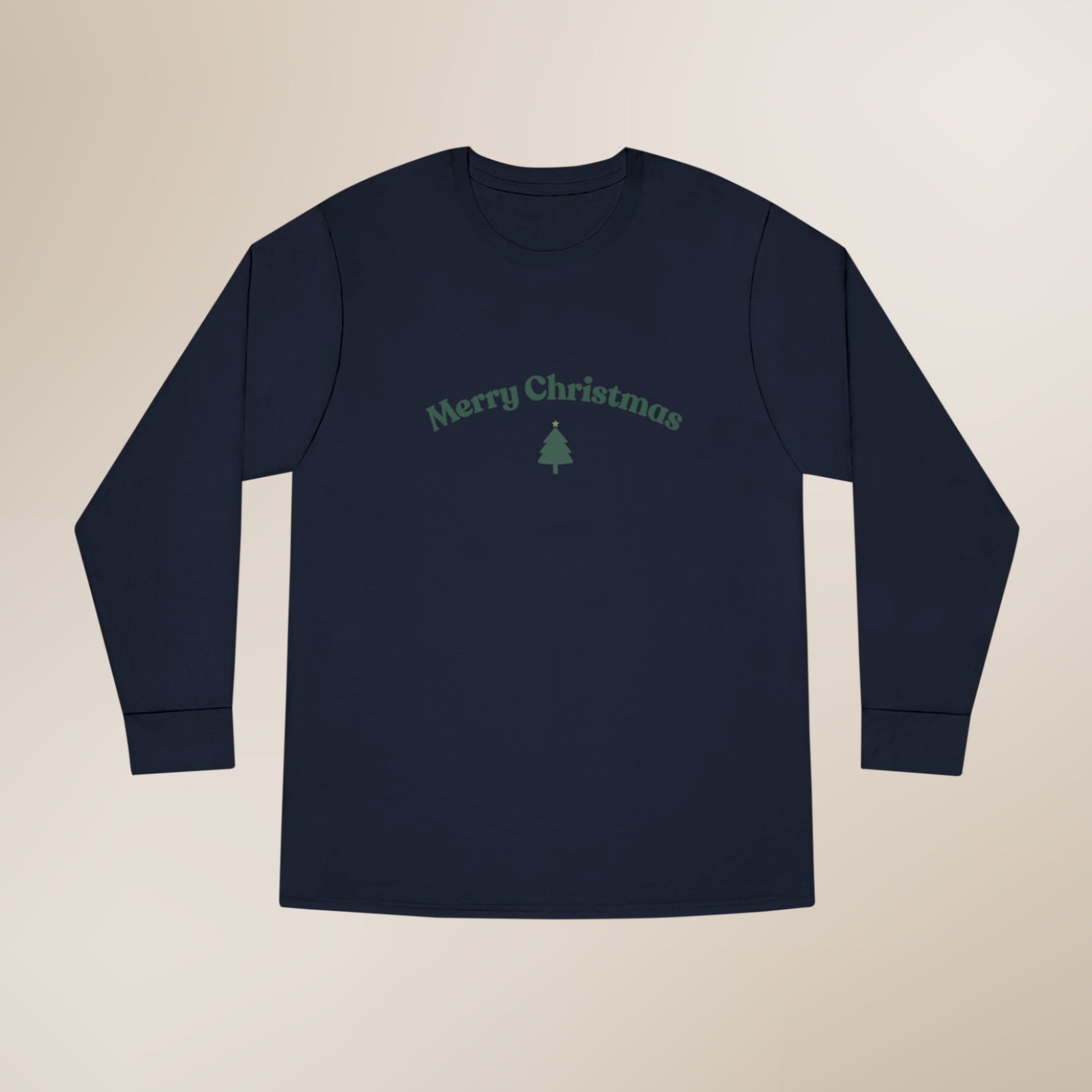 Navy long-sleeve shirt with 'Merry Christmas' text and tree on a beige background