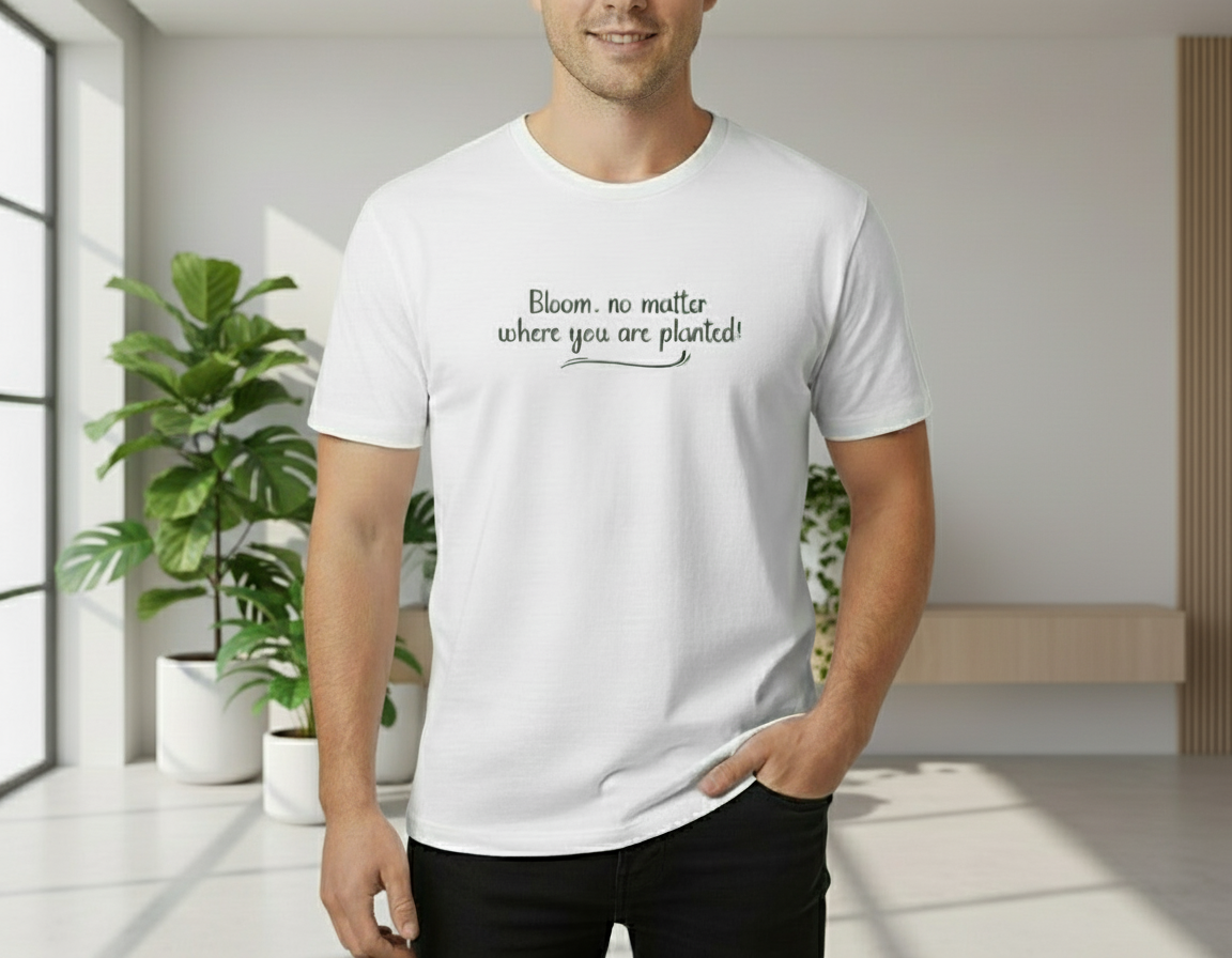 Person wearing a white t-shirt with text in a modern indoor setting