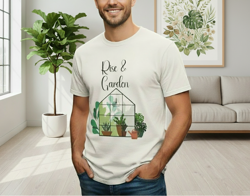 Man wearing a white t-shirt with 'Rose & Garden' design in a room with plants and a sofa.