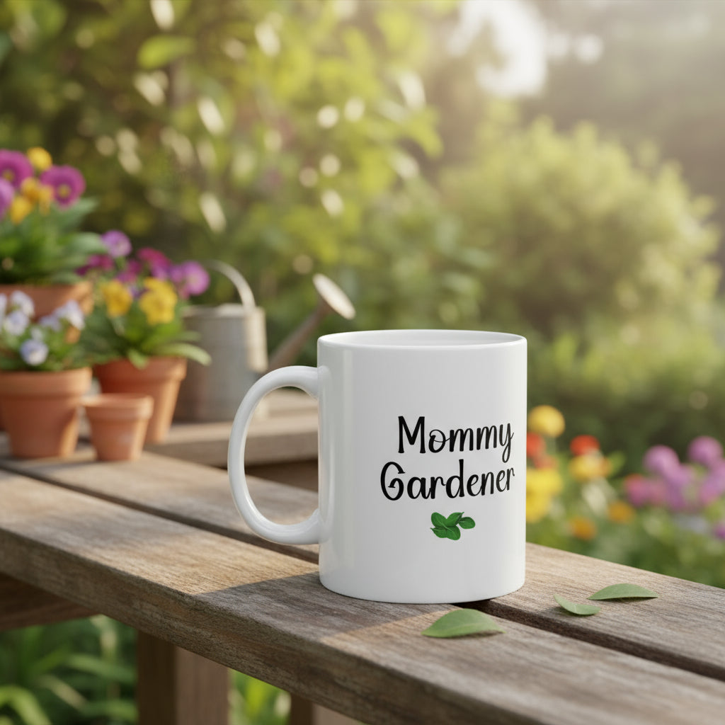 White mug with 'Mommy Gardener' text and a leaf design on a beige background