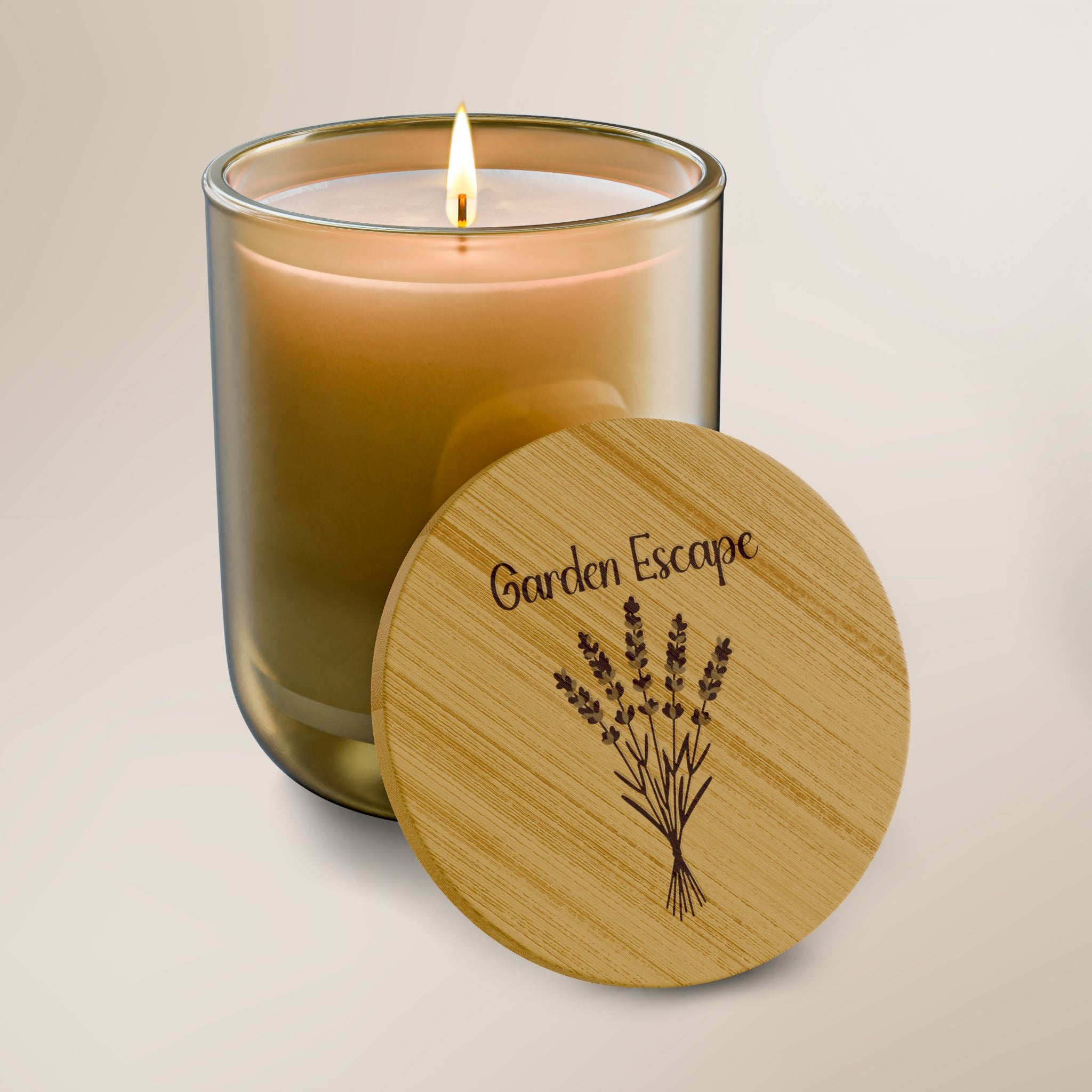 Candle in a glass jar with a wooden lid labeled 'Garden Escape' on a beige background