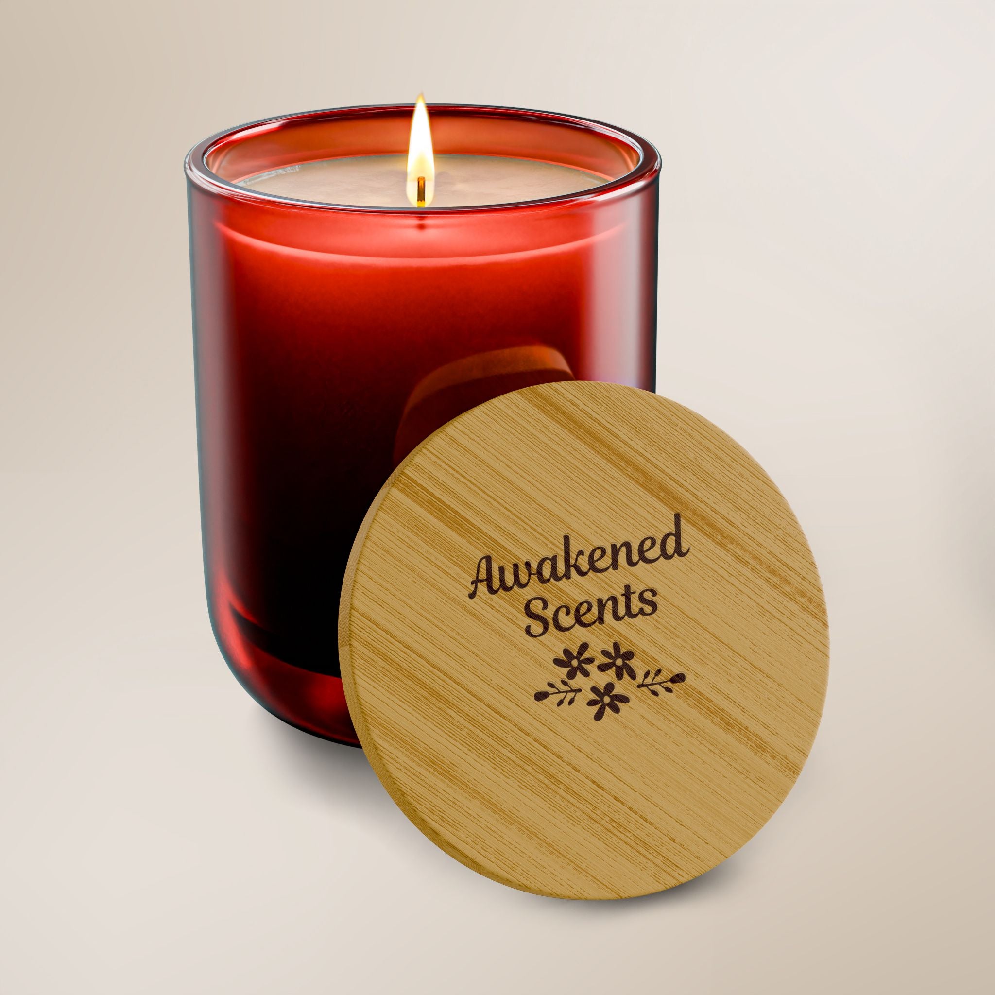 Candle with wooden lid labeled 'Awakened Scents' on a beige background
