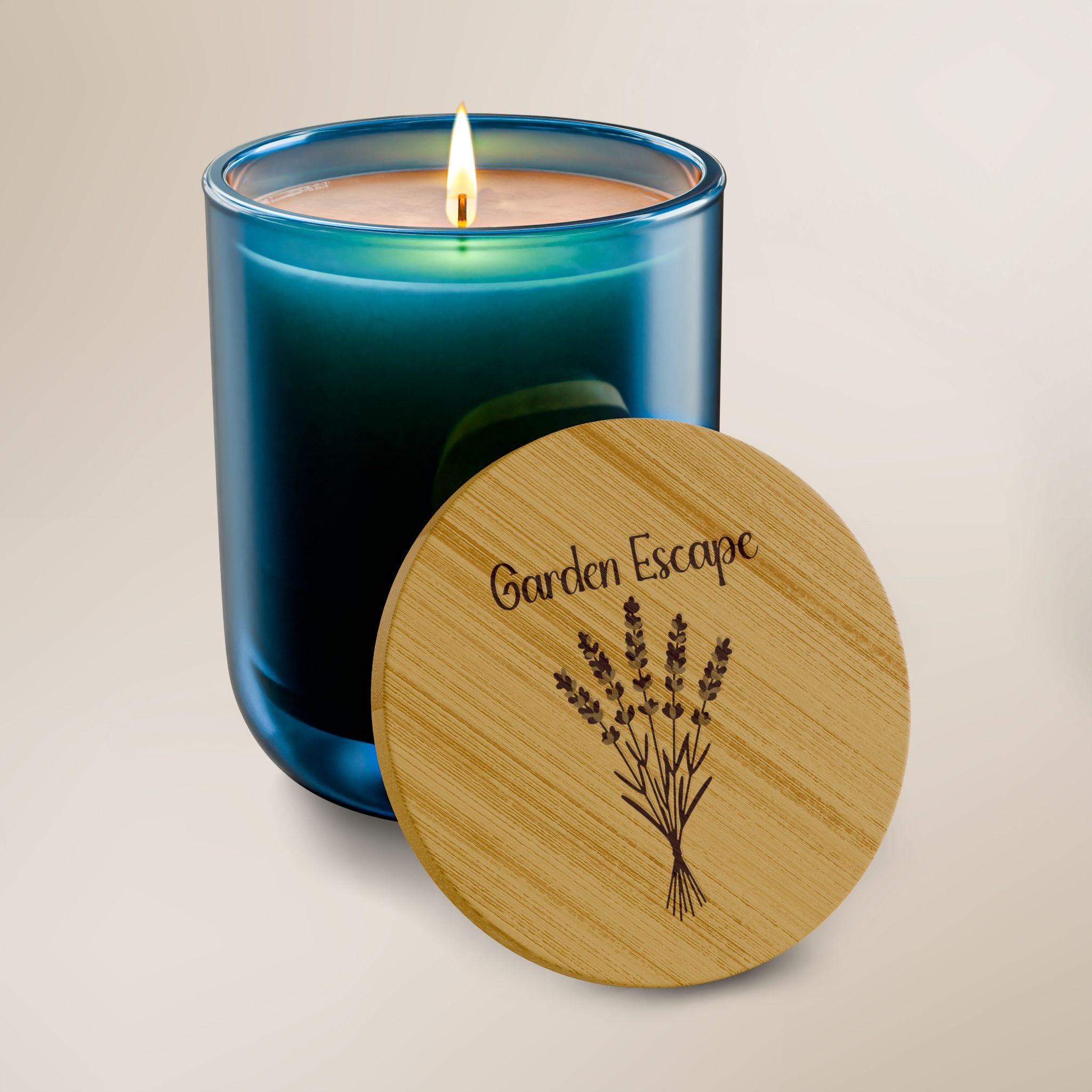 Blue candle with wooden lid labeled 'Garden Escape' on a beige background