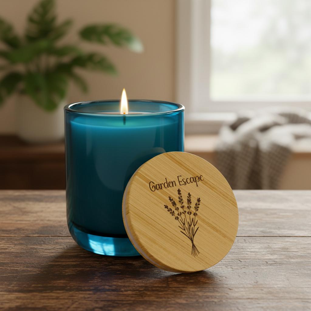 Blue candle with wooden lid labeled 'Garden Escape' on a wooden surface.