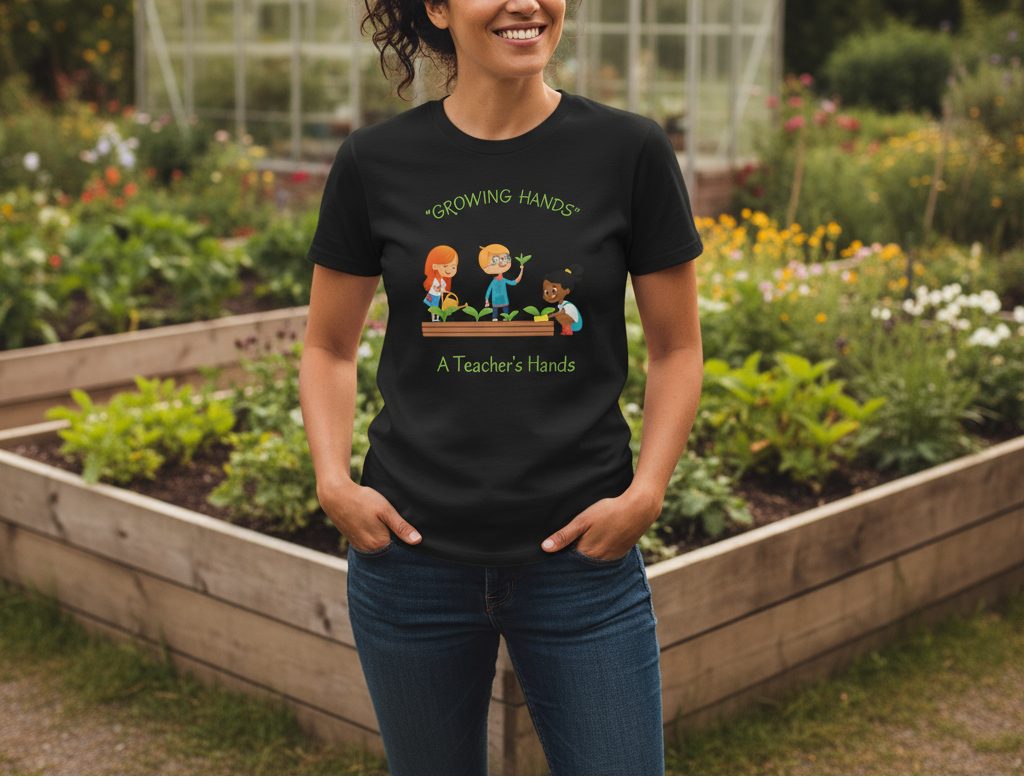 Person wearing a black t-shirt with a graphic design in a garden setting