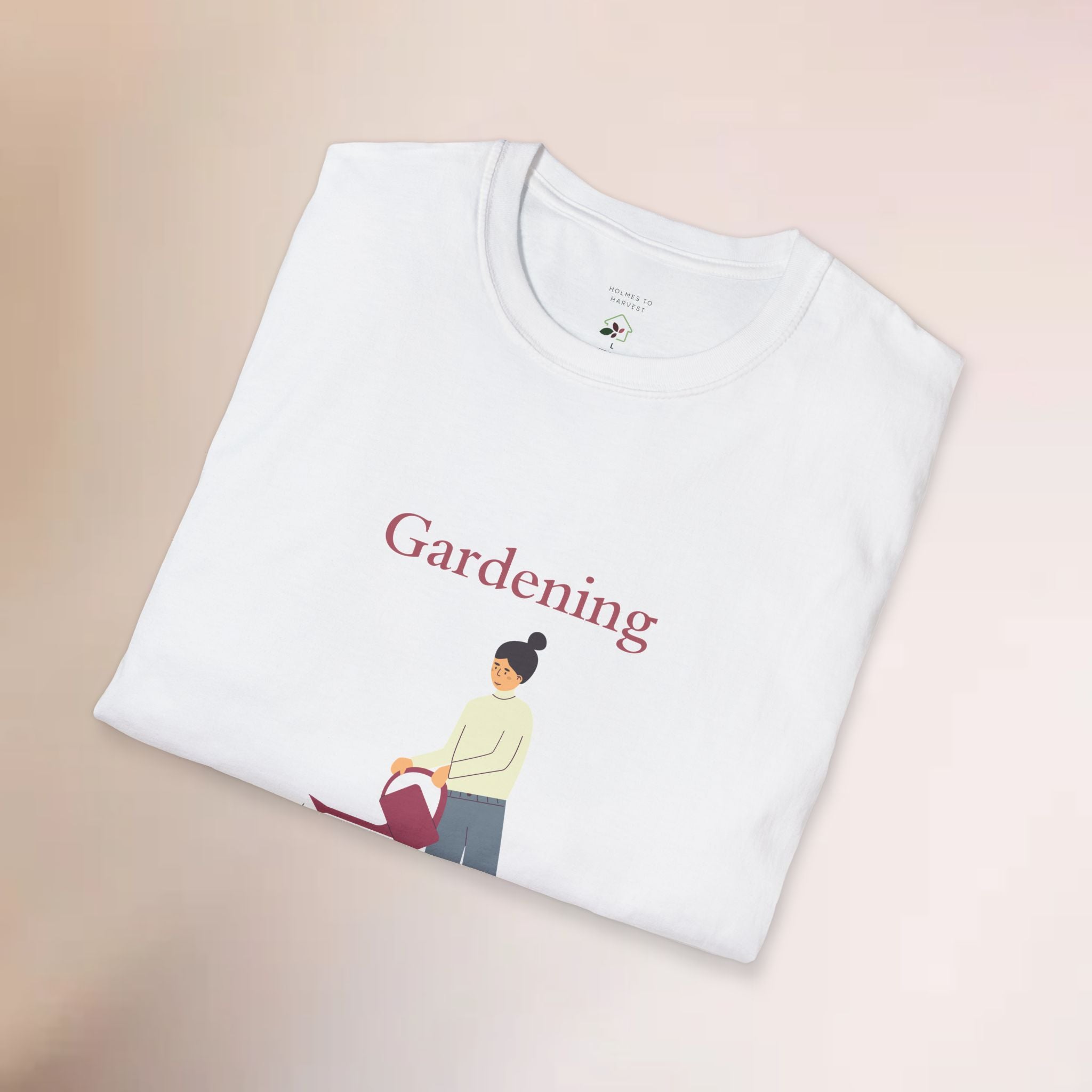 White t-shirt with 'Gardening' text and graphic of a person with a plant on a beige background