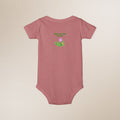 Pink baby onesie with 'New to the Patch' text and floral design on a beige background