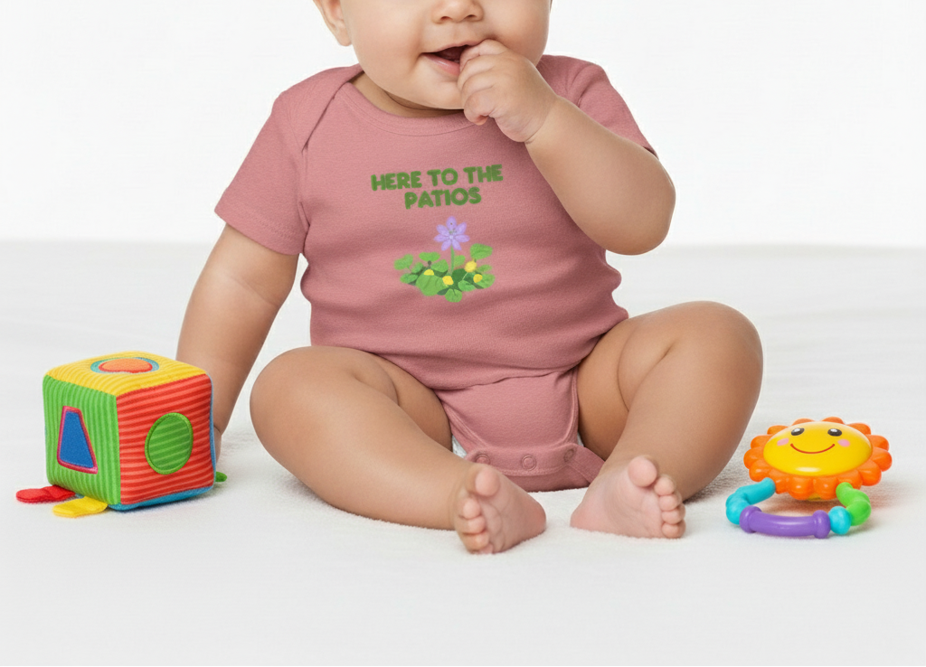 Baby wearing a pink onesie with text and toys on a white background