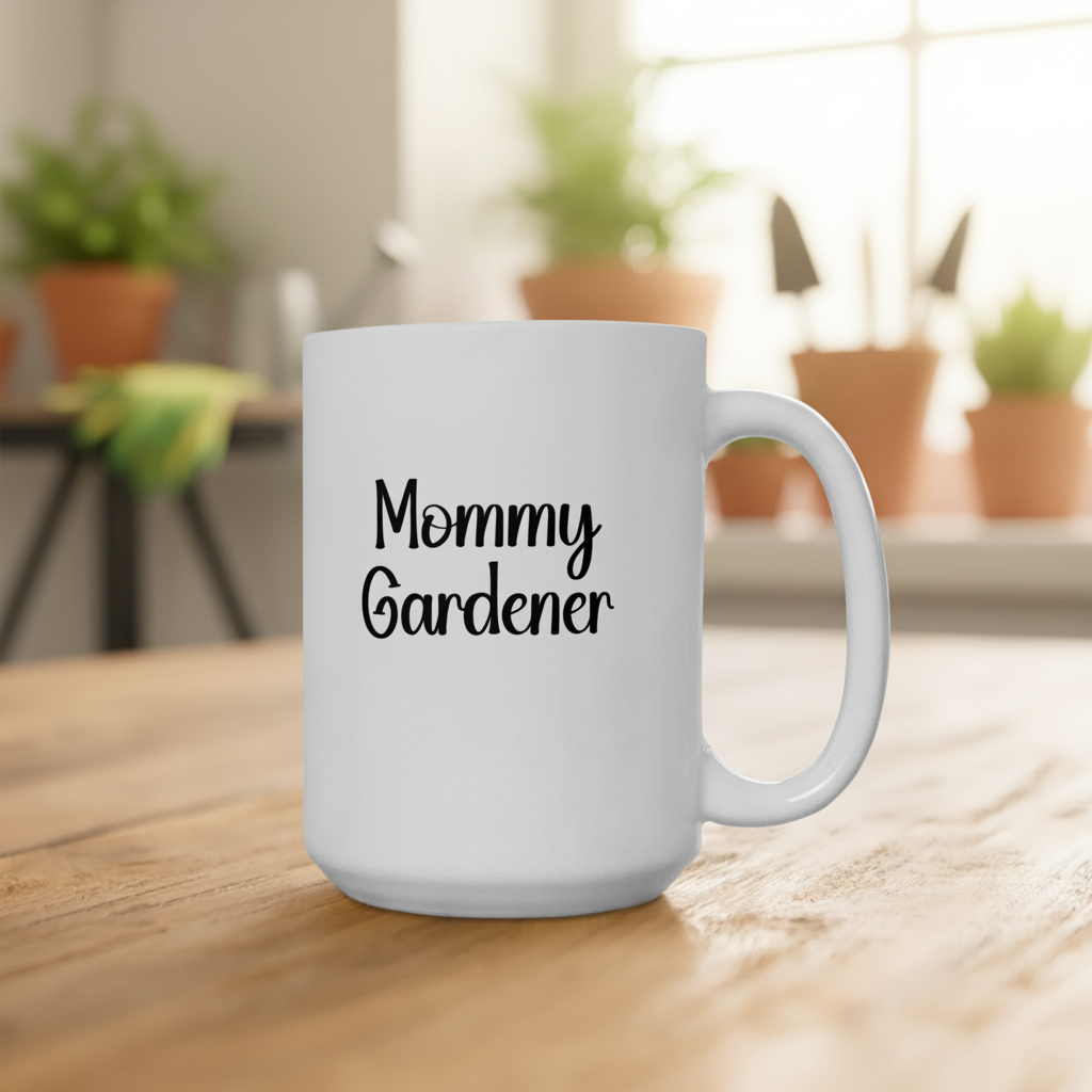 White mug with 'Mommy Gardener' text on a wooden table with plants in the background