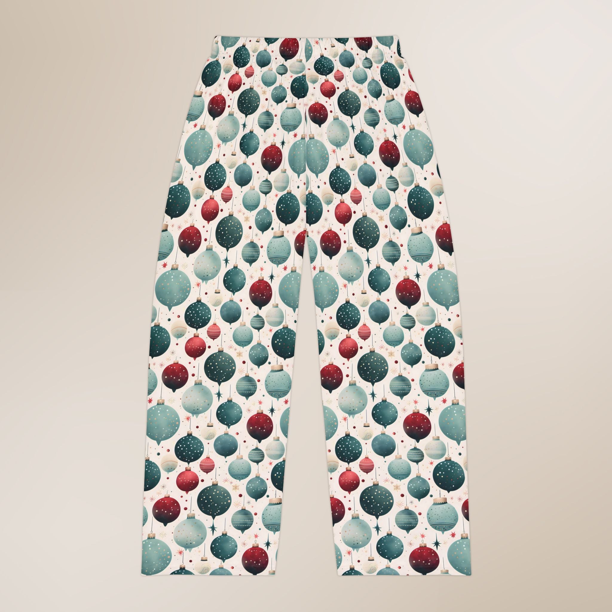 Pajama pants with a colorful pattern of multicolored circles on a beige background
