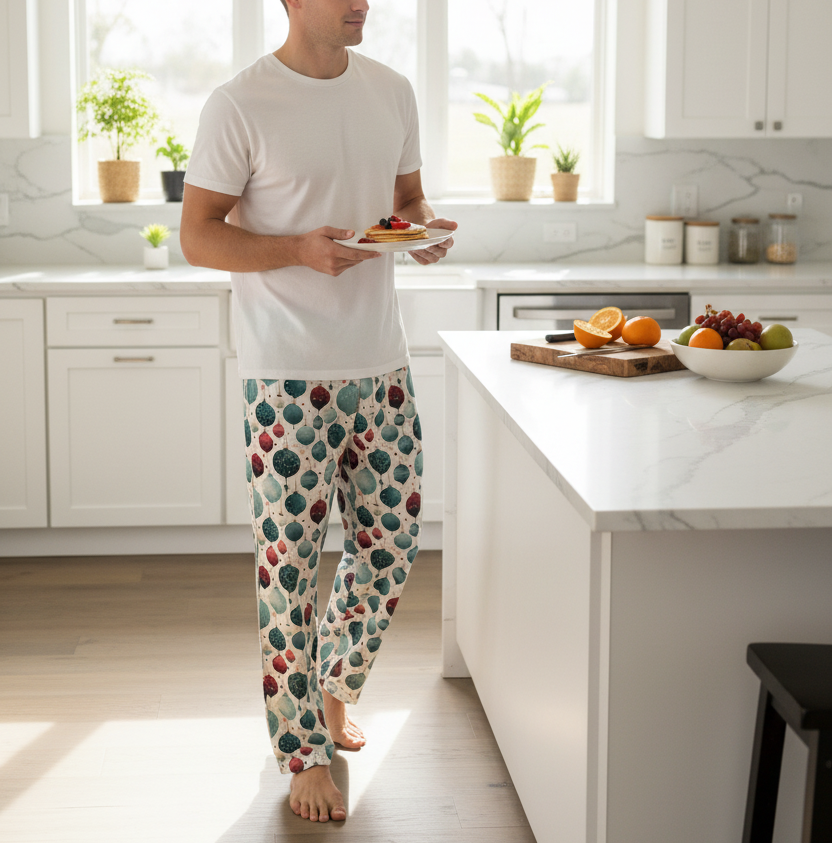 Man in a kitchen wearing patterned pajama pants holding a plate with food.