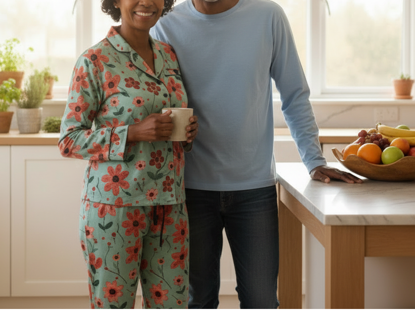 Woman in floral pajama set holding a mug, standing next to a man in a kitchen.