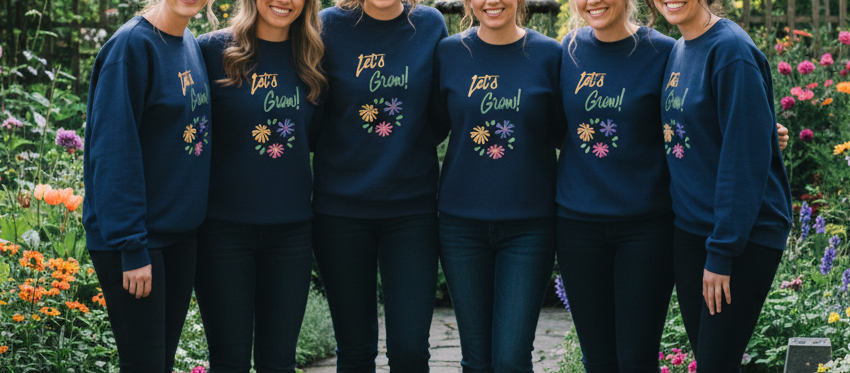 Group of women wearing matching navy blue sweatshirts with floral designs in a decorated room.