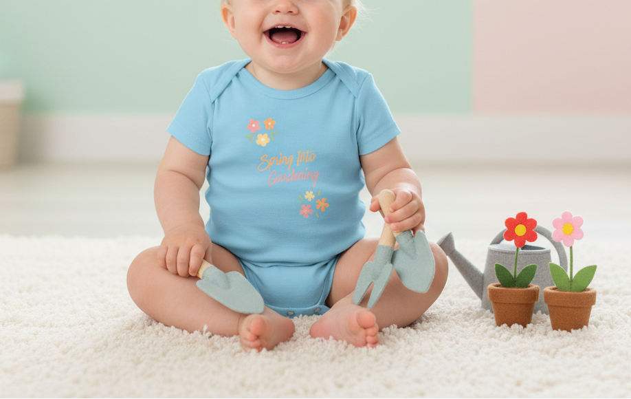 Baby wearing a blue onesie with gardening tools and plants on a light background