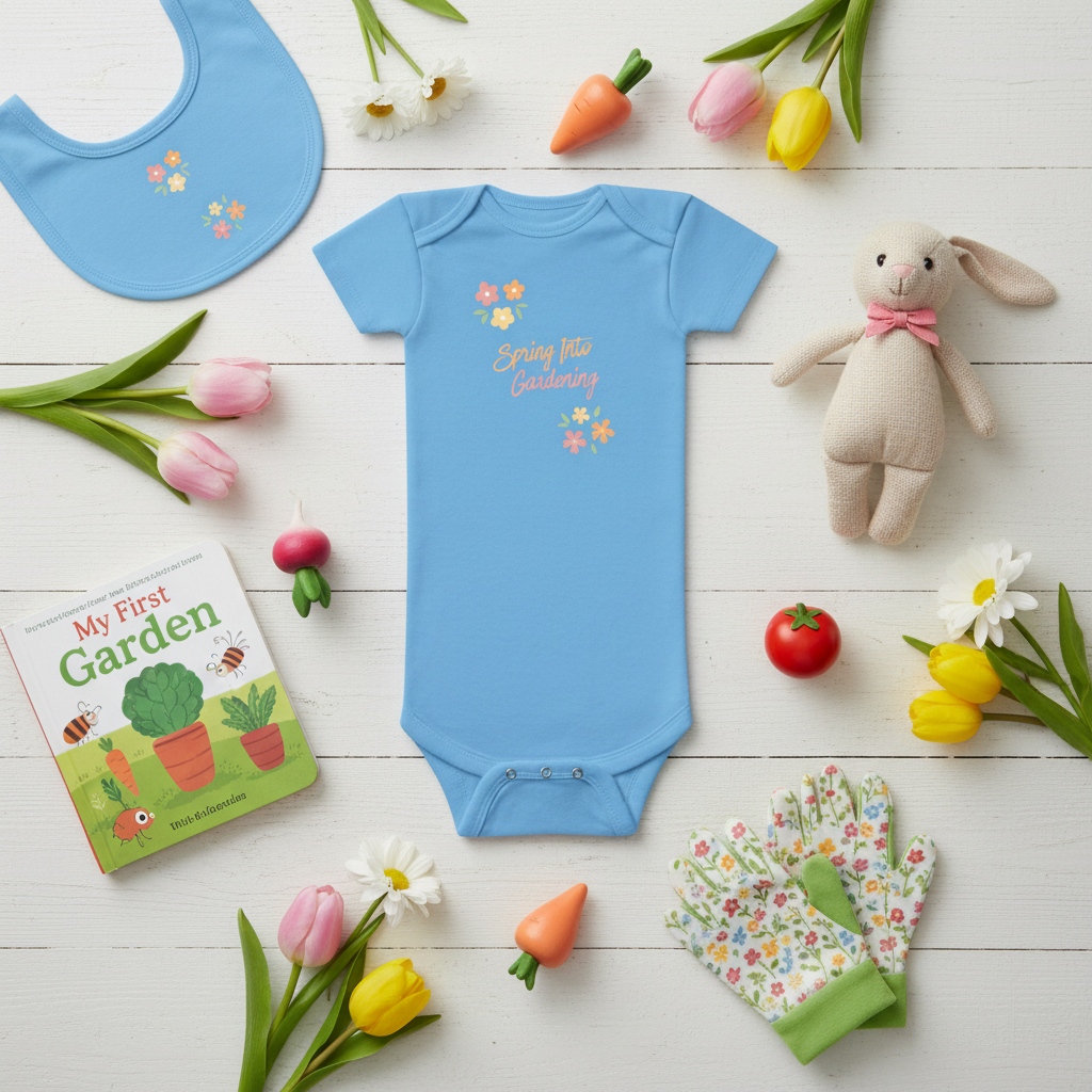 Blue baby onesie with floral design and text, surrounded by gardening-themed items on a wooden surface.