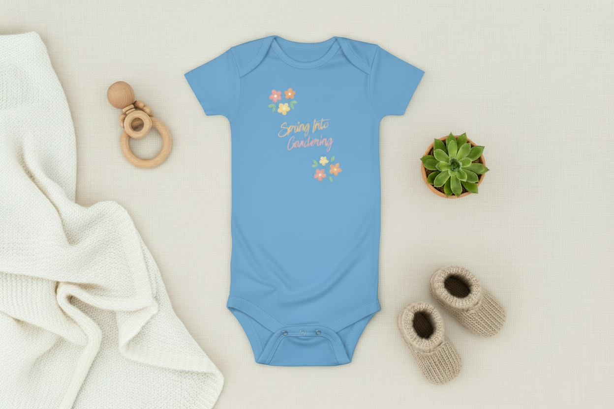Blue baby onesie with floral design and text on a light background with baby items.