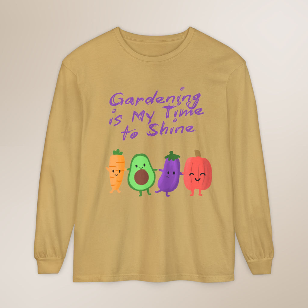 Long-sleeve shirt with cartoon vegetables and text 'Gardening is My Time to Shine' on a beige background