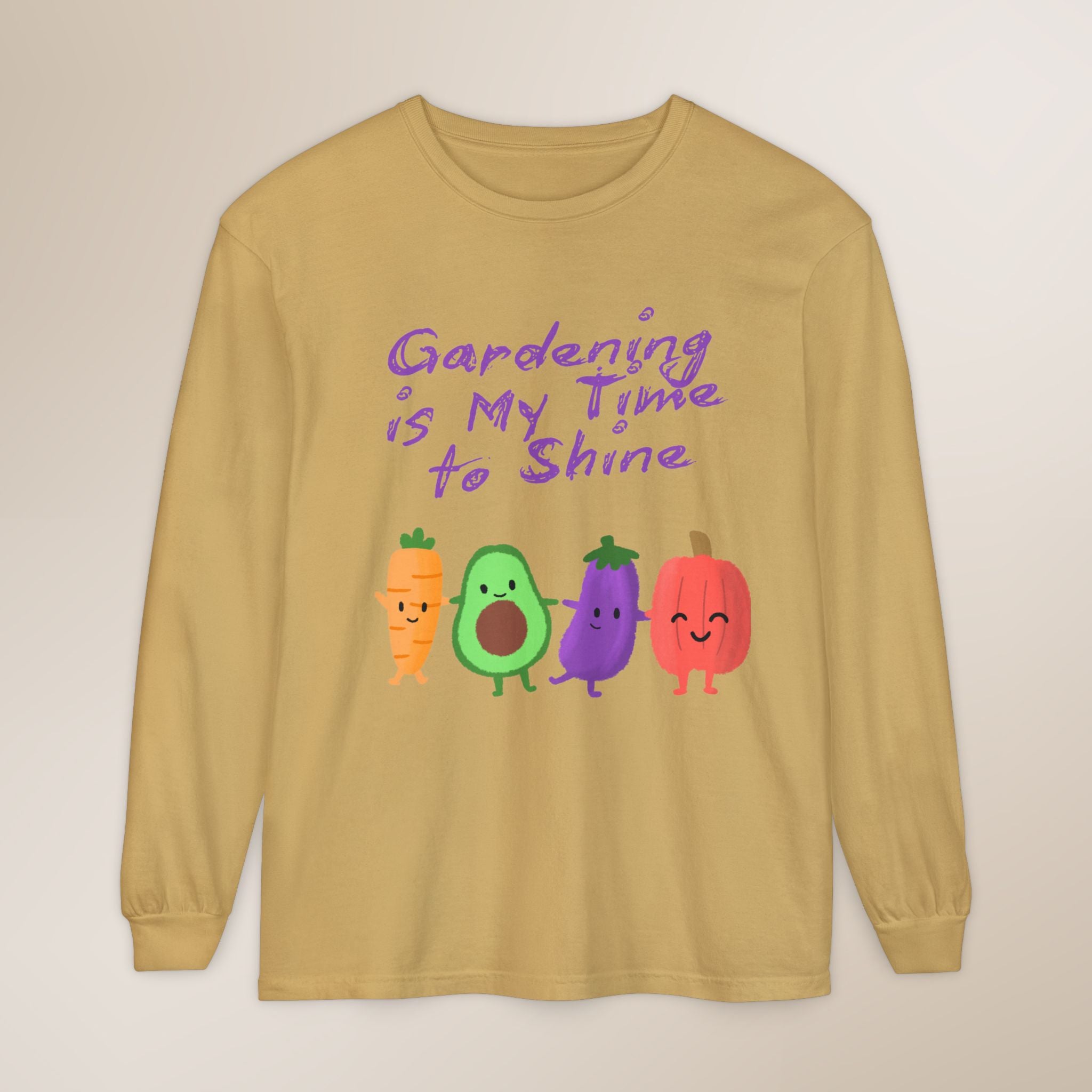 Long-sleeve shirt with cartoon vegetables and text 'Gardening is My Time to Shine' on a beige background