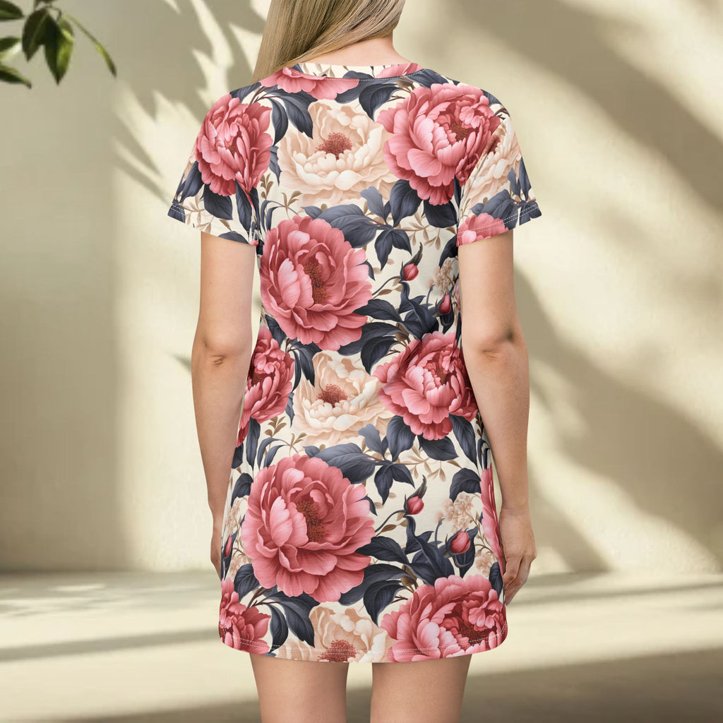Woman wearing a floral dress with pink and navy flowers against a neutral background