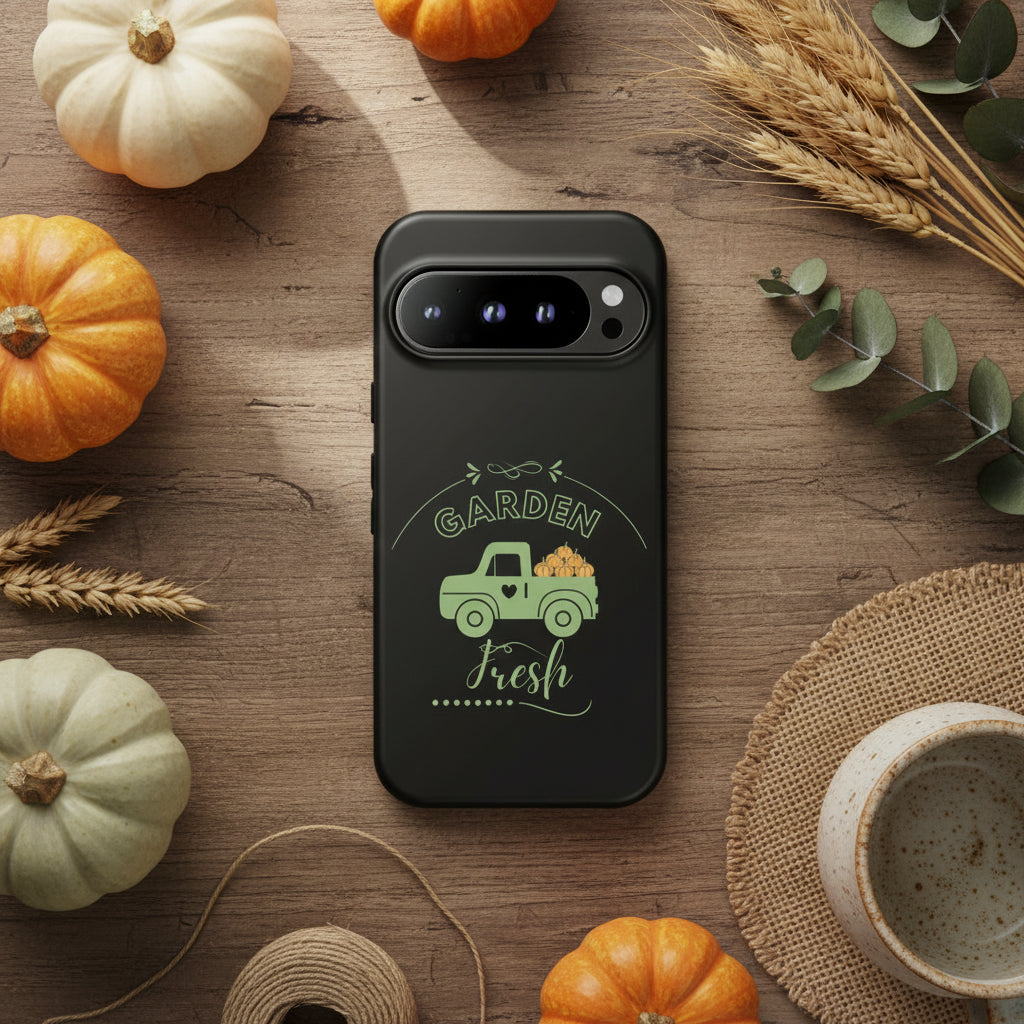 Black phone case with a green truck and 'Garden Fresh' text on a white background